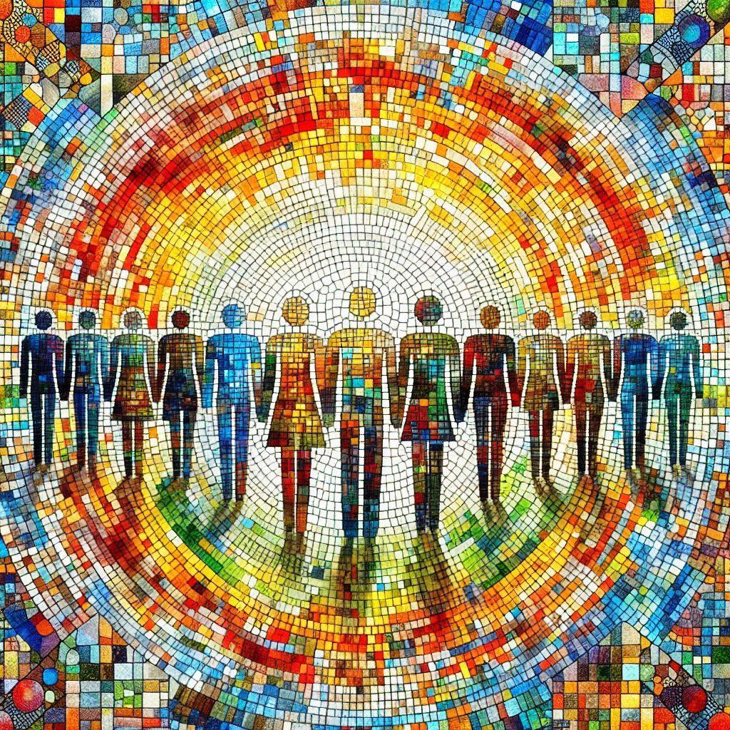 Colorful mosaic of people holding hands in a circular formation.